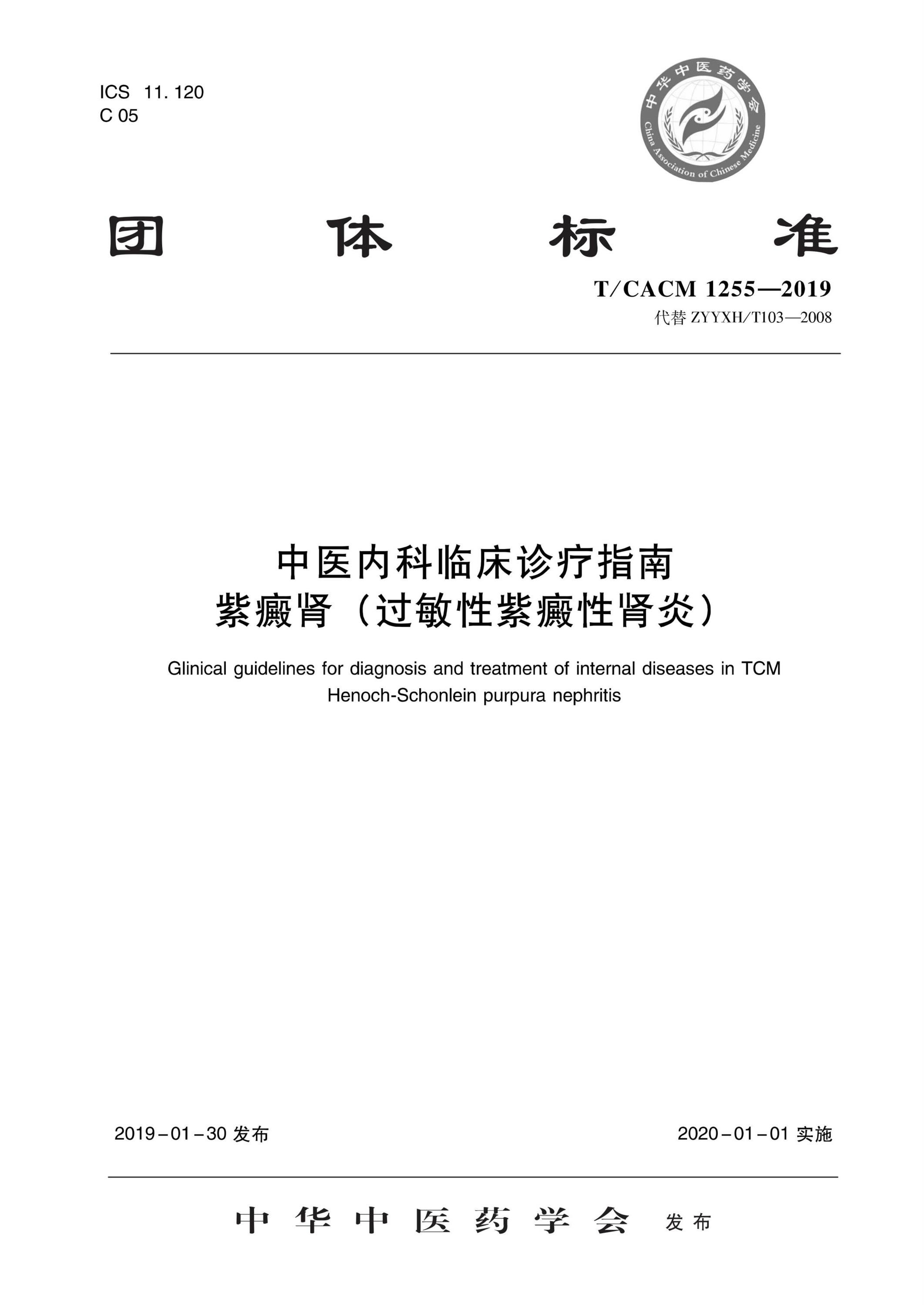 T/CACM 1255-2019 中医内科临床诊疗指南 紫癜肾（过敏性紫癜性肾炎） 标准封面