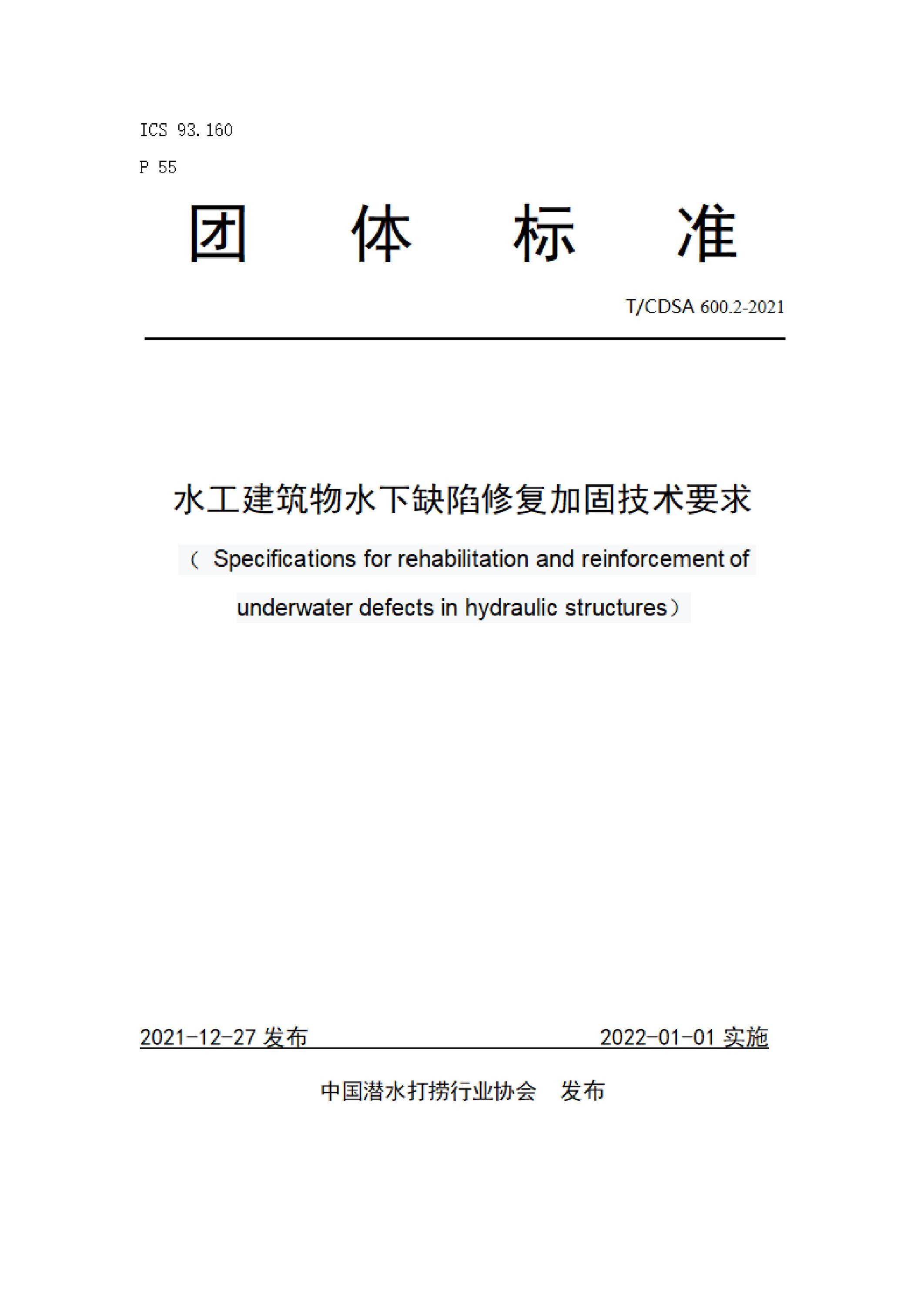 T/CDSA 600.2-2021 水工建筑物水下缺陷修复加固技术要求资源截图