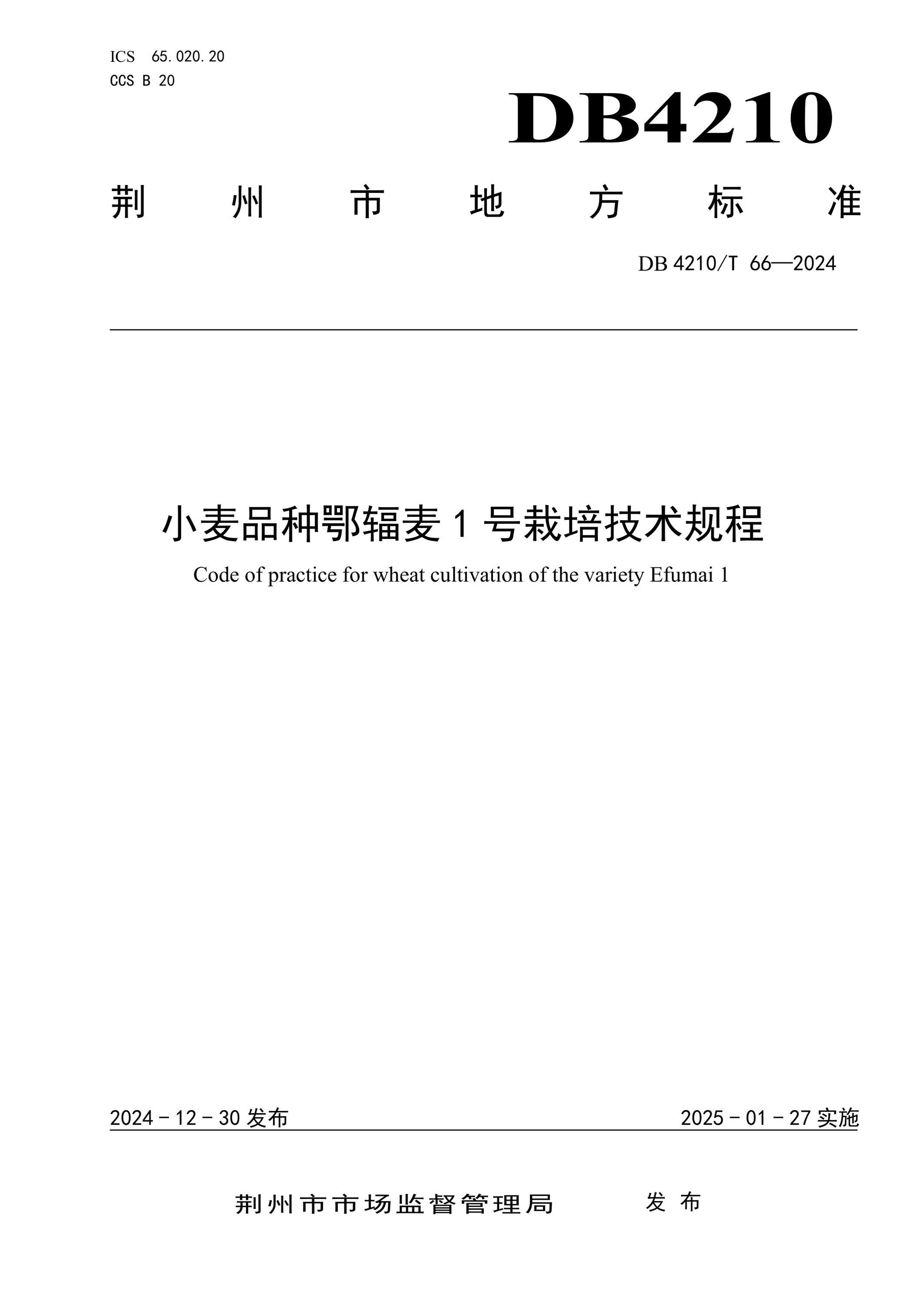 DB4210/T 66-2024 小麦品种鄂辐麦1号栽培技术规程 标准封面