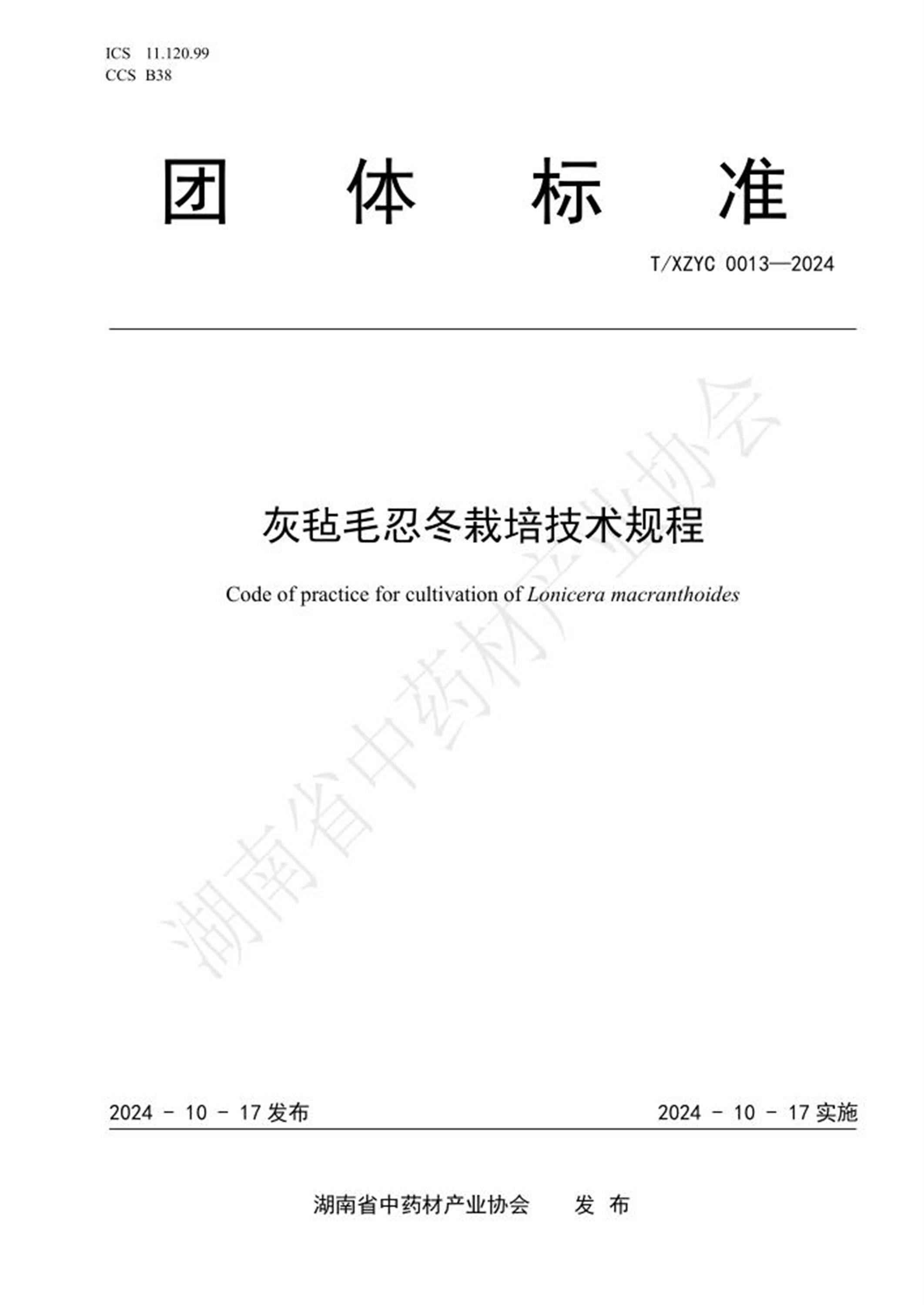 T/XZYC 0013-2024 灰毡毛忍冬栽培技术规程 标准封面