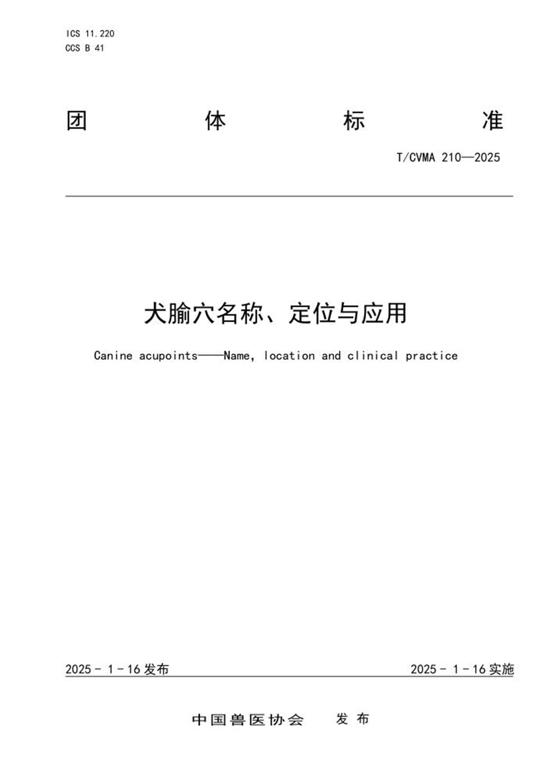 T/CVMA 210-2025 犬腧穴名称、定位与应用 标准封面