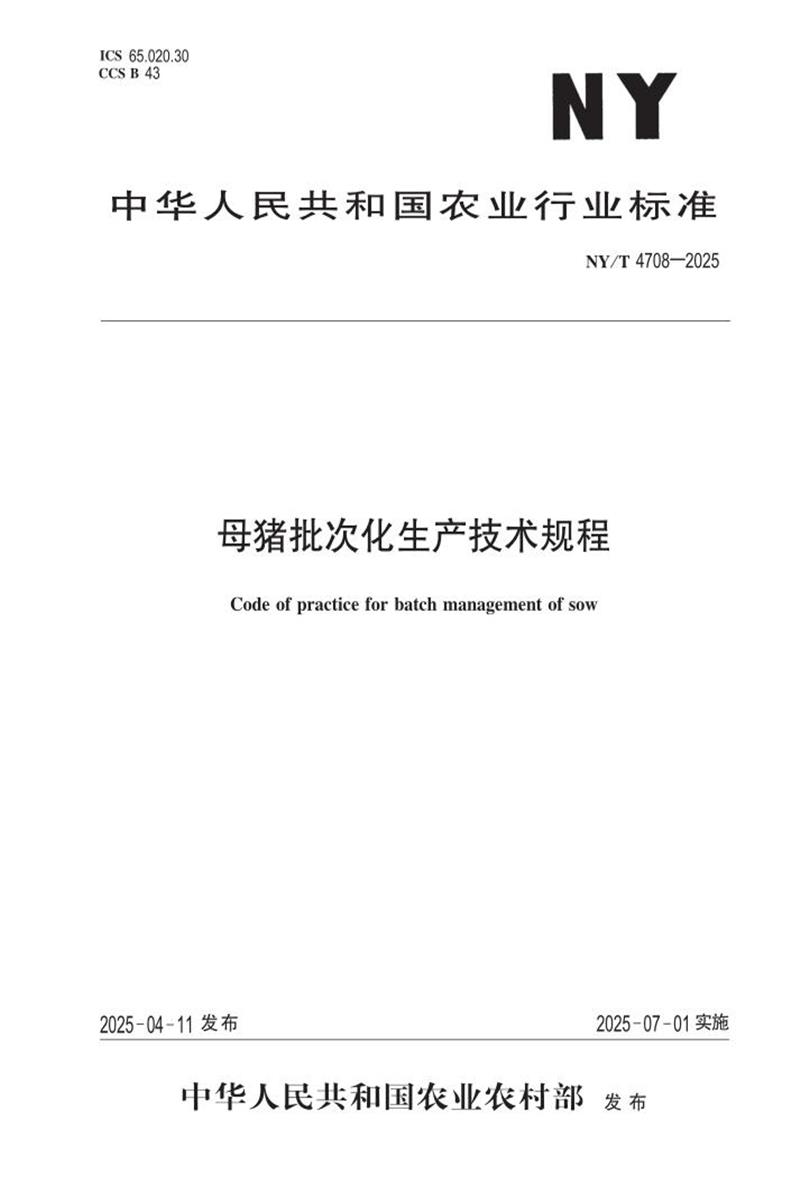 NY/T 4708-2025 母猪批次化生产技术规程 标准封面