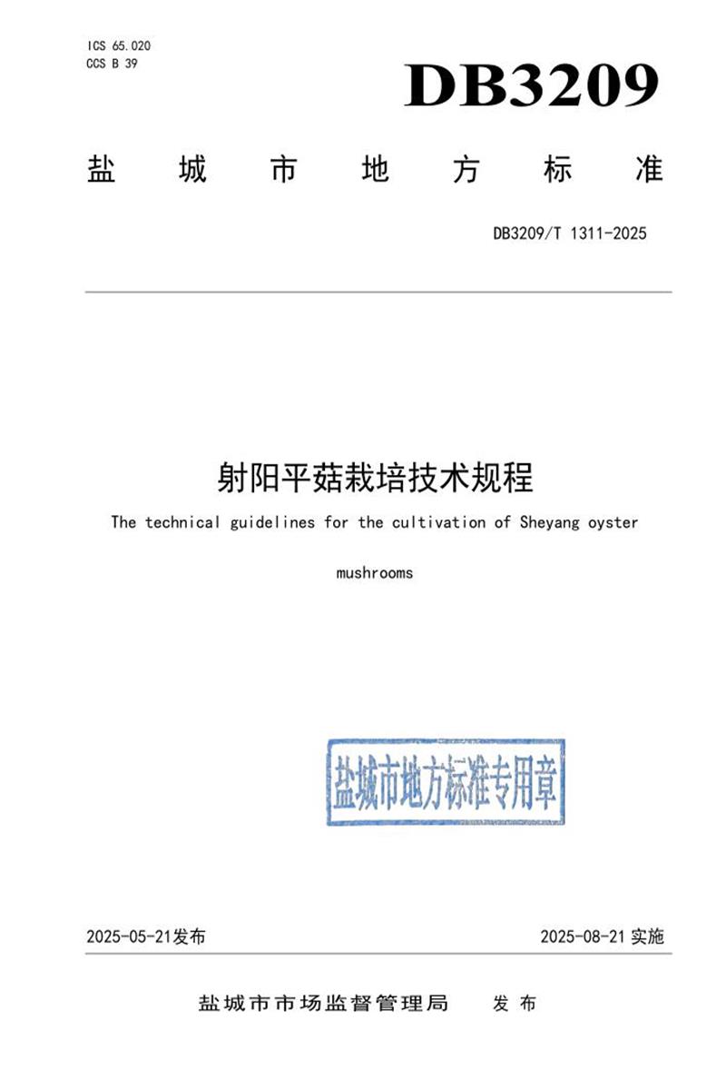 DB3209/T 1311-2025 射阳平菇栽培技术规程资源截图