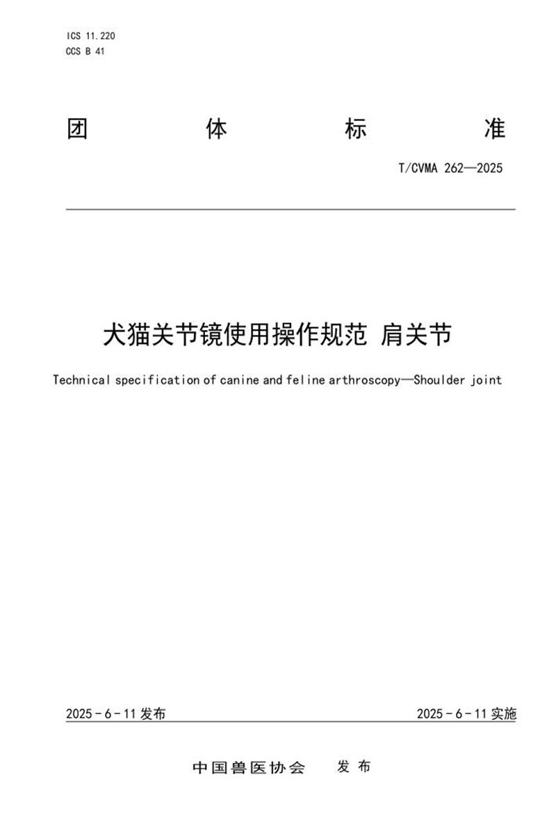 T/CVMA 262-2025 犬猫关节镜使用操作规范 肩关节资源截图