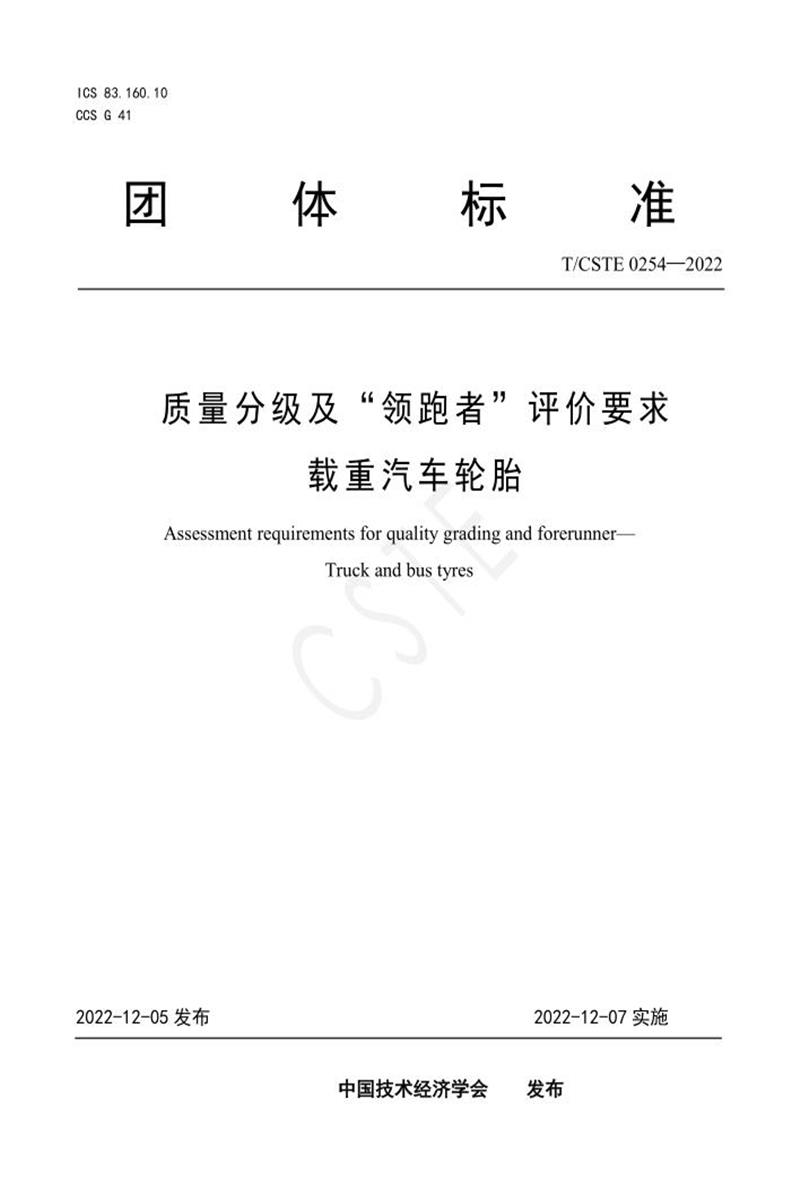 T/CSTE 0254-2022 质量分级及“领跑者”评价要求 载重汽车轮胎资源截图
