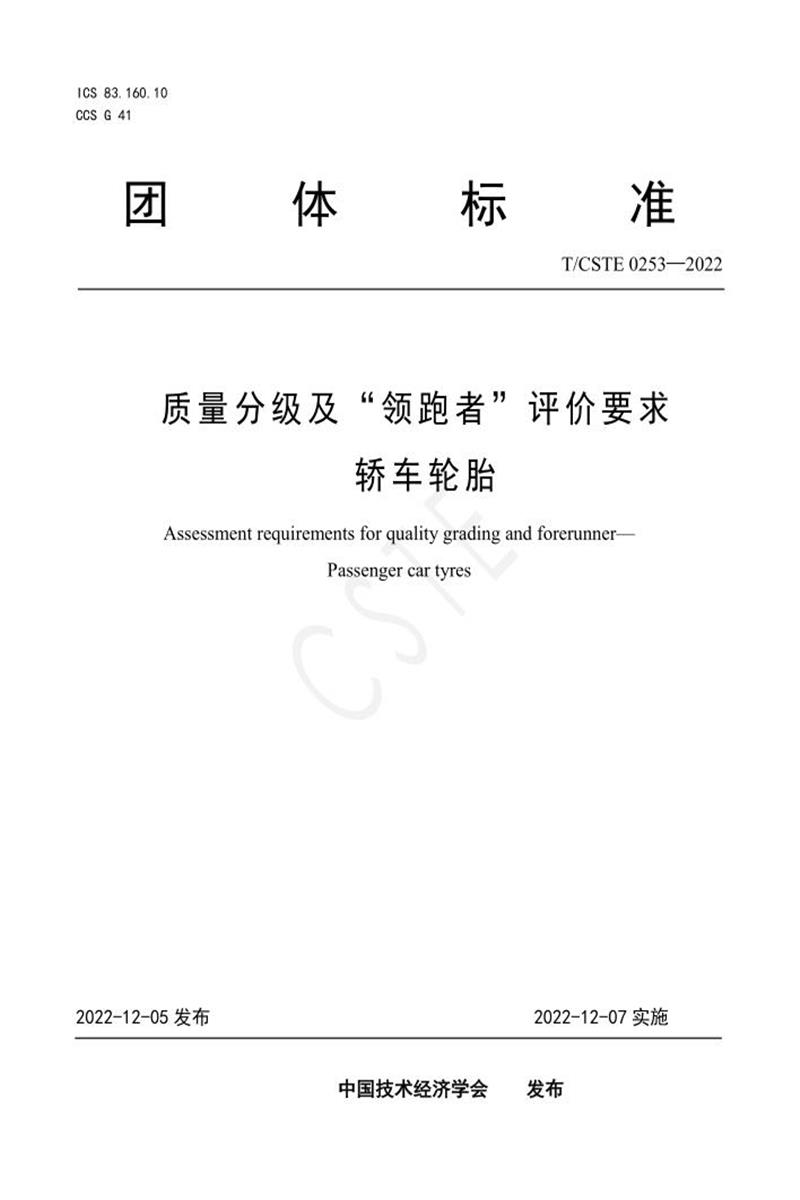 T/CSTE 0253-2022 质量分级及“领跑者”评价要求 轿车轮胎资源截图