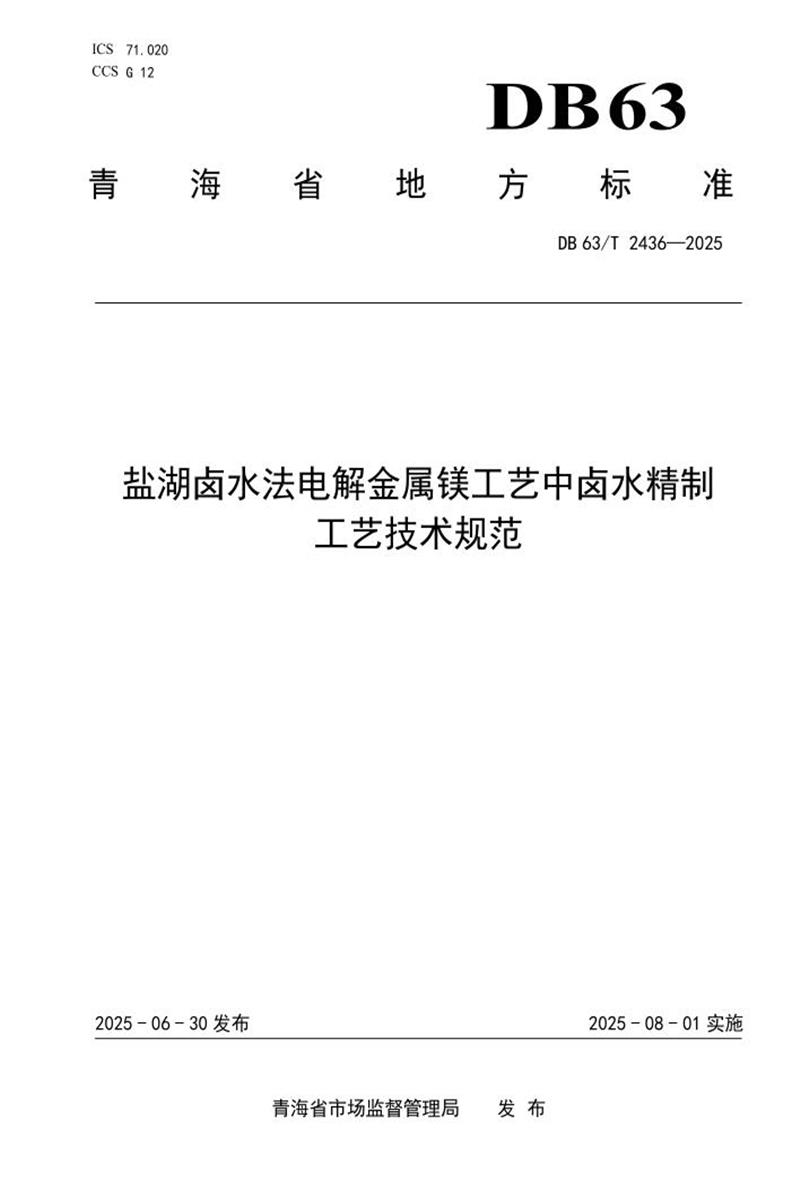 DB63/T 2436-2025 盐湖卤水法电解金属镁工艺中卤水精制工艺技术规范资源截图