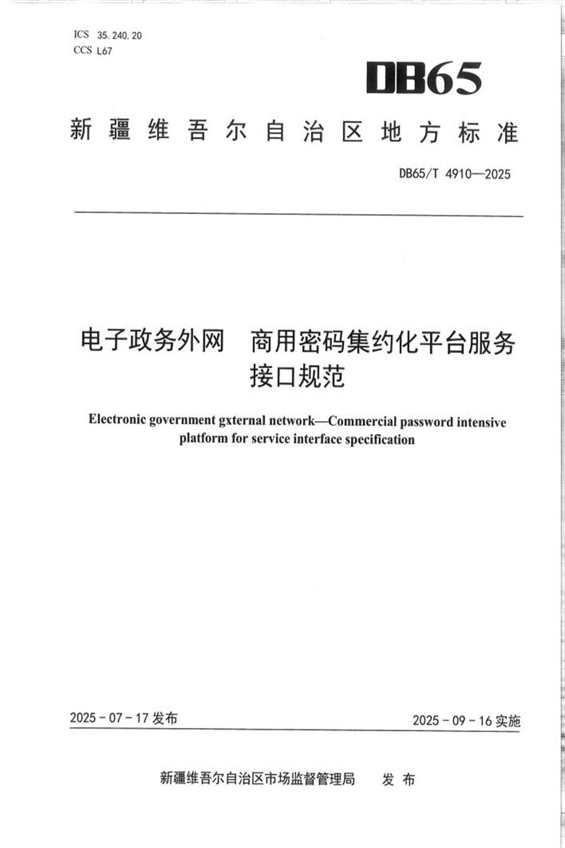 DB65/T 4910-2025 电子政务外网 商用密码集约化平台服务接口规范资源截图
