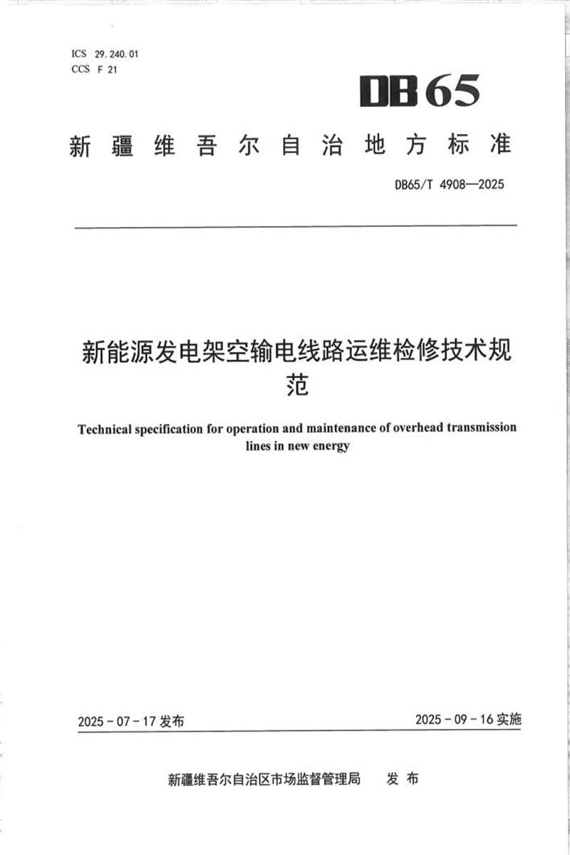DB65/T 4908-2025 新能源发电架空输电线路运维检修技术规范资源截图
