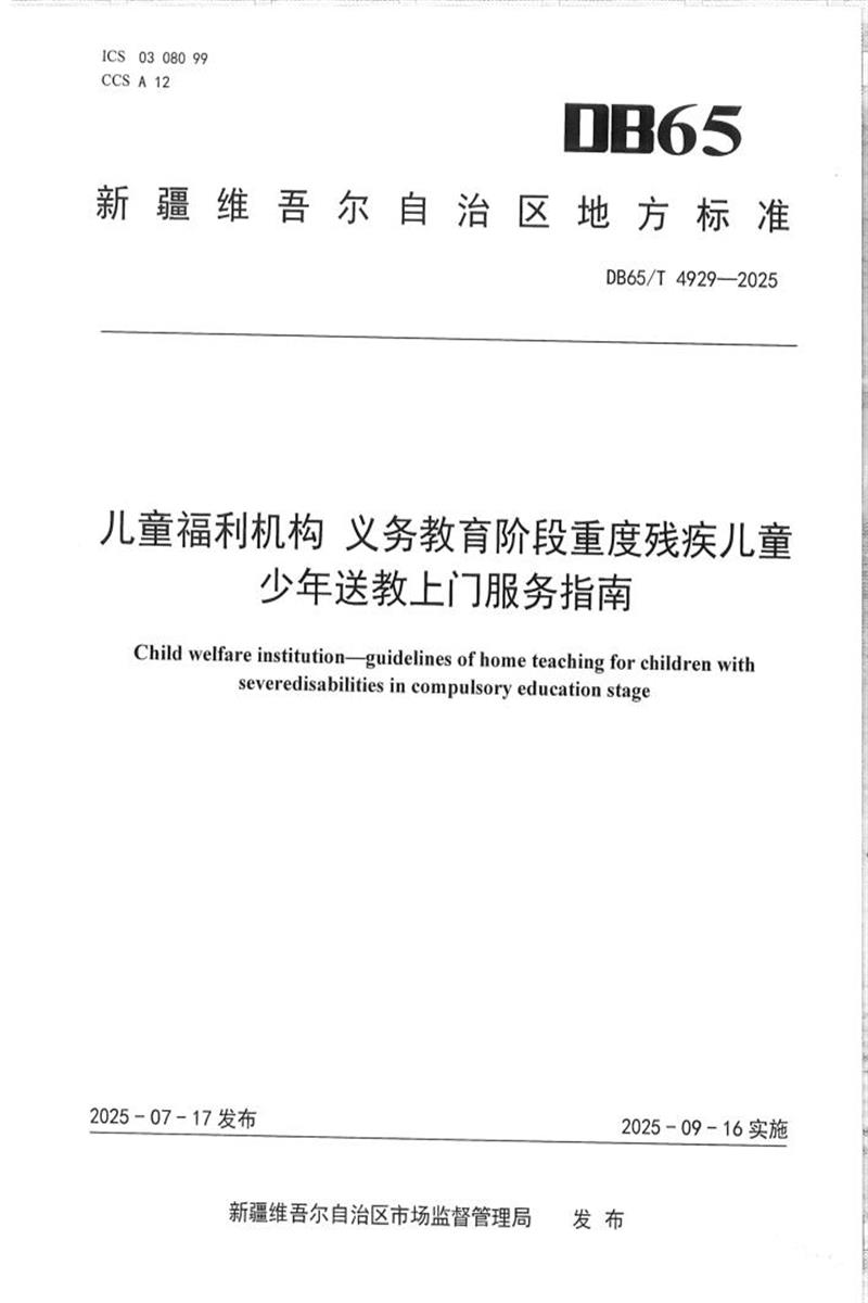 DB65/T 4929-2025 儿童福利机构 义务教育阶段重度残疾儿童少年送教上门服务指南资源截图
