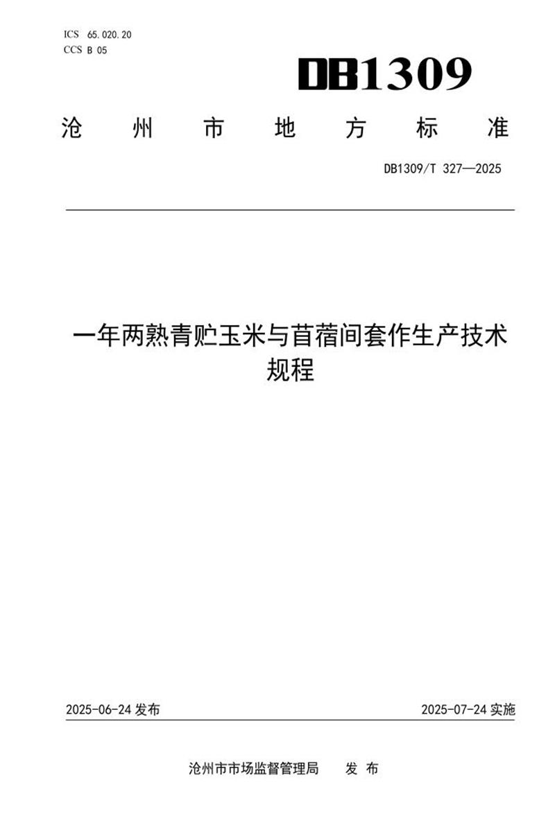 DB1309/T 327-2025 一年两熟青贮玉米与苜蓿间套作生产技术规程资源截图