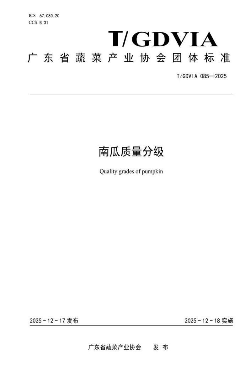 T/GDVIA 085-2025 南瓜质量分级资源截图