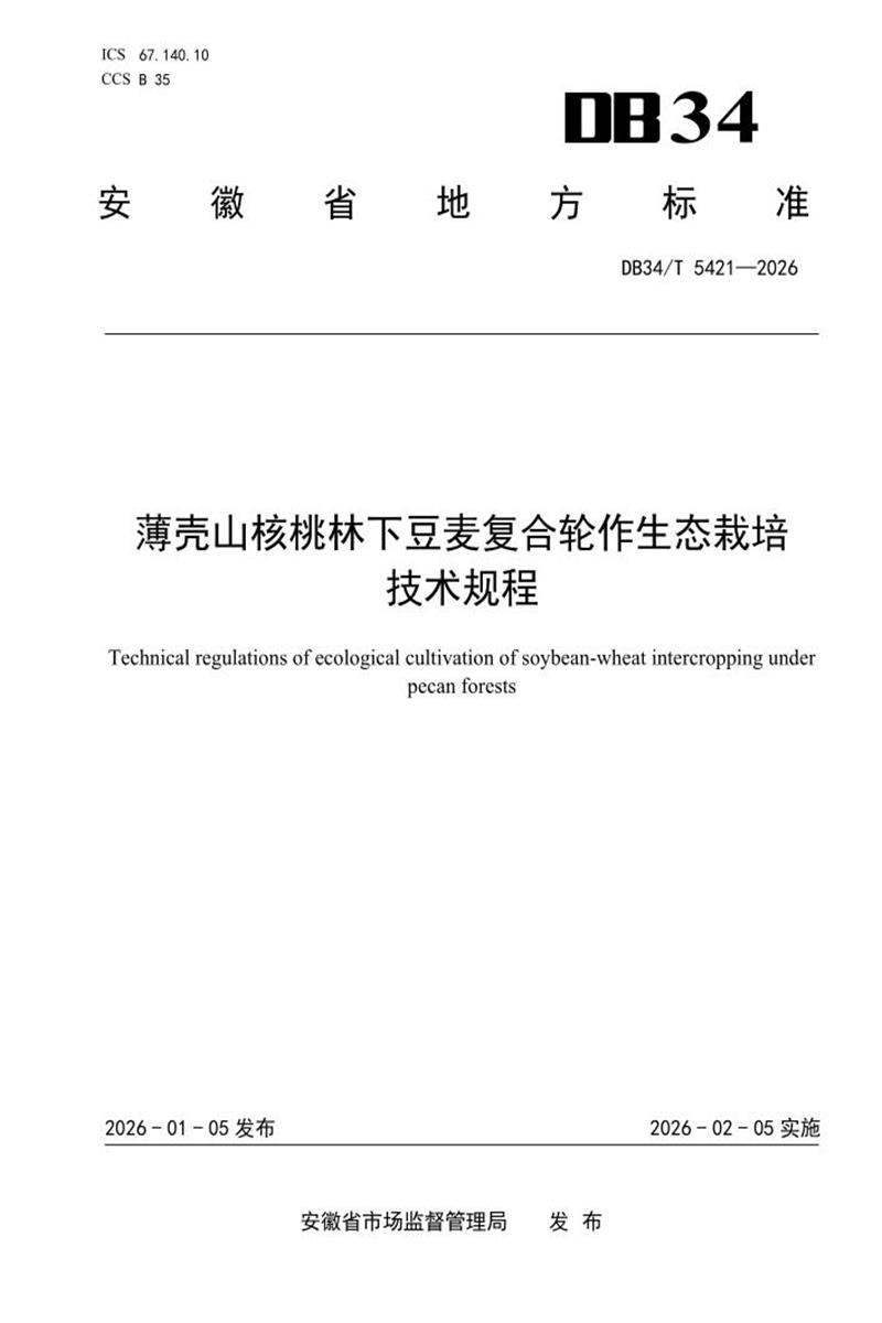 DB34/T 5421-2026 薄壳山核桃林下豆麦复合轮作生态栽培技术规程资源截图